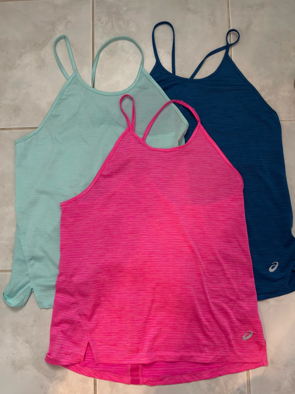 Asics Pink Mint and Navy Triple-Strap Athletic Tank Set